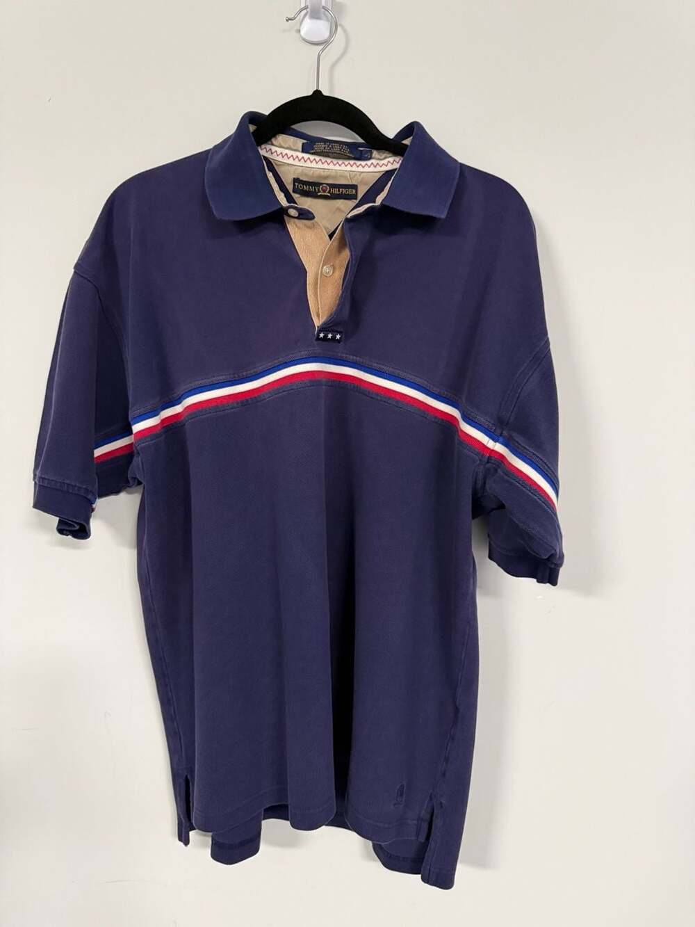 Vintage Tommy Hilfiger Navy Blue Short Sleeve Polo Shirt w/ Striped Chest Detail